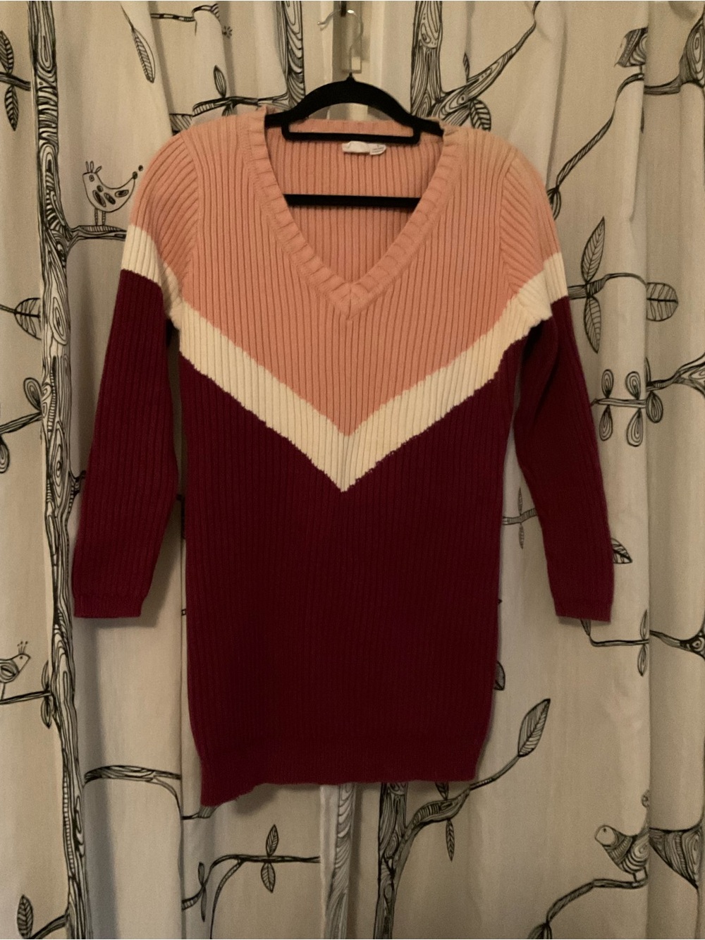 V-Neck Colorblock Ribbed Sweater Dress - Pink, Cream & Burgundy